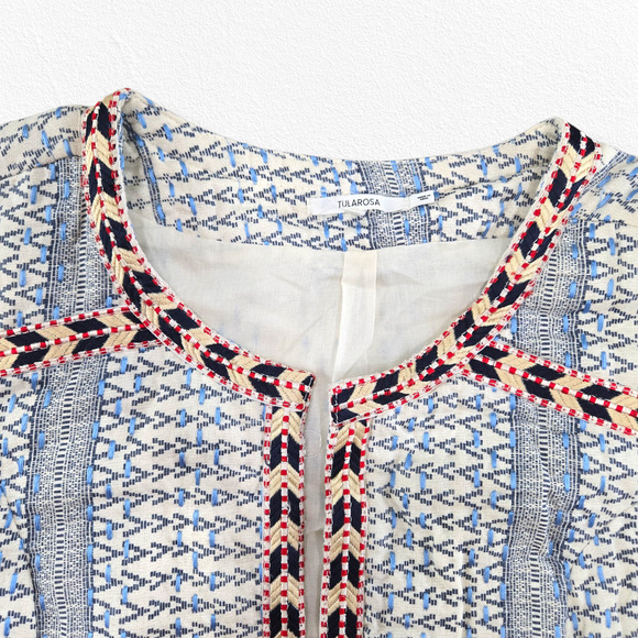 Tularosa Blue White Woven Embroidered Boho Fringe Jacket Open Blazer Size Medium - Picture 3 of 11